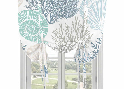 Ocean Coral Starfish Tie Up Window Shade Curtain,Nautical Coastal Shell Tie Up Curtain for Kitchen Windows,Marine Sealife Adjustable Valance Balloon Curtains,Blue Teal White Rod Pocket Panel 52x45in