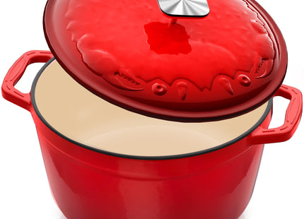DUTZUN Enameled Cast Iron Dutch Oven - 5 Quart, Crab Lid (Patented), Oversized Knob, for Bread Baking Braiser, Cooking Stock Pot - Red