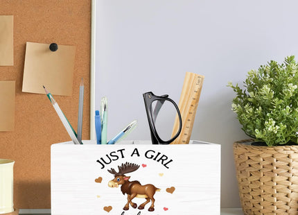 METNBASYY Moose Gifts Pen Holder for Desk, Deer Lover Gifts Pencil Organizer, Just a Girl Who Loves Moose Wooden Box Sign Desk Decor for Home Office Decoration