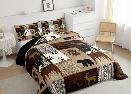 Feelyou Bear Comforter Set for Boys Deer Comforter Rustic Bear Bedding Set Toddler Size Deer Hunting Southwestern Plaid Grid Brown Duvet Set 2Pcs