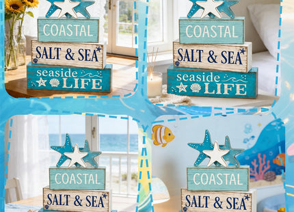 4 Pcs Summer Beach Table Decor Starfish & Seashell Coastal Nautical Wooden Block Signs, Rustic Farmhouse Tiered Tray Decorations for Home Bathroom Office Desk Shelf Mantel