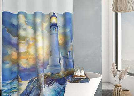 Hook-free Watercolor Sunset Lighthouse Ocean Wave Seascape Shower Curtain