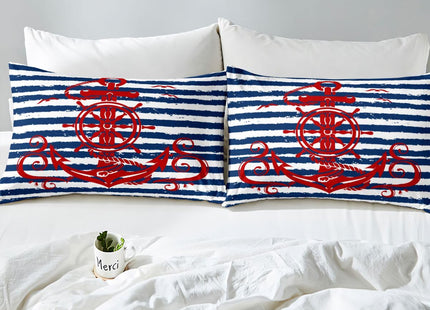 Anchor Comforter Cover Queen Size Nautical Compass Duvet Cover For Kids Boys Girls Teens, Geometric Stripes Bedding Set Ocean Sailboat Retro Theme Bed Set With 2 Pillow Cases, Navy Blue And Red