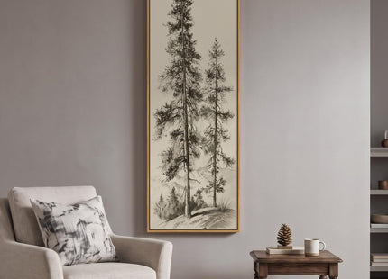 Framed Long Narrow Vintage Pine Tree Landscape Vertical Wall Art, 18x56 In