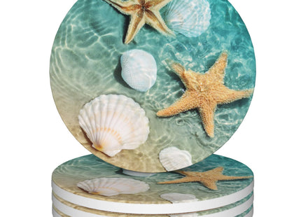 Coasters for Drinks,Starfish and Seashell On Beach Absorbent Coaster Set of 4 with Cork Base,Ceramic Drink Coasters for Cold Drinks Wine Glasses Cups Mugs,Housewarming Gifts for Home Decor