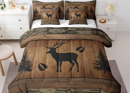 Manfei Rustic Deer Comforter Set 7 Pieces, Wild Animal Theme Bed Set for Boys Adults, Brown Wooden Plank Bedding Twin with 1 Comforter,1 Fitted Sheet,1 Flat Sheet,2 Pillowcases,2 Throw Pillow Cover