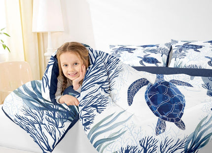 Erosebridal Turtle Comforter Set Twin White Blue Sea Turtle Bedding Set for Kids,Reptile Coastal Tortoise Quilt Hawaiian Ocean Beach Theme Comforter for Boys Girls Room