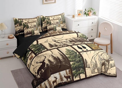 Feelyou Deer Bed in a Bag Twin Size Bear Comforter Set 7 Pieces Moose Wild Animal Rustic Cabin Country Tree Mountain Bedding Set Room Decor Brown Plaid Bed Set with Comforter, Sheet Set, Pillowcases