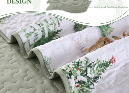 Christmas Quilt Set Queen Size Green Xmas Reindeer Pine Tree Bedding Set