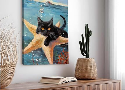 Framed Black Cat Ocean Wall Art, Cute Cat Holding Starfish Canvas Print, Funny Animal Lovers Sea Life Painting Picture for Bathroom Bedroom Kids Room Home Decor 12x16 Inch