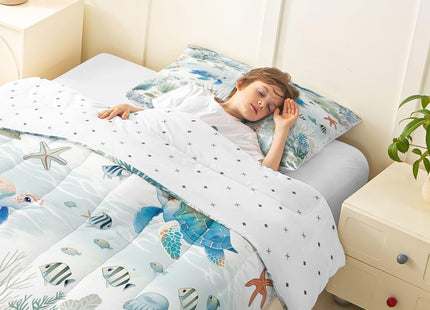 Castle Fairy Coastal Turtle Kids Comforter Set Twin Size,Fish Coral Starfish Seashell Bedding Set for Teens Adults Bedroom Decor,Ocean Beach Duvet Insert,Blue Green Quilted Duvet Set with 1 Pillowcase