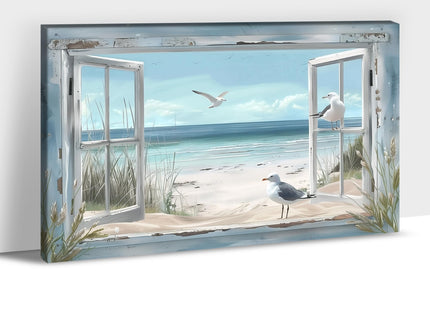 Beach Canvas Wall Art, Ocean with 3D Beach Window Pictures, Coastal Bird Seascape Canvas Prints Artwork, Nature Coastal Scenery Painting for Living Room Bedroom Bathroom Office Home Decor 12x18 Inch