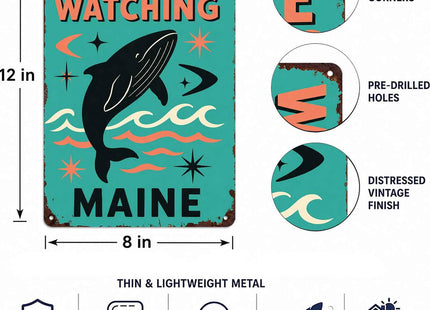 Whale Watching Maine Vintage Metal Wall Art Signs 8X12 Inch