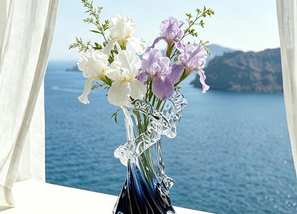 Blue White Clear Wave Gradient, Hand Blown Glass Vase Unique Art Decorative Vase for Ocean Inspired Coastal Home Decor, Centerpiece for Modern Office, Entryway Table