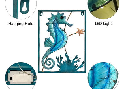 LIFFY Metal Wall Art Seahorse with Frame 13 LED lights,Beach Decor Fish Glass Sculpture Coastal Wall Hanging Ocean Theme Nautical Outdoor Decor for Patio,Garden,Yard,Pool,home gift(2pcs, Blue)