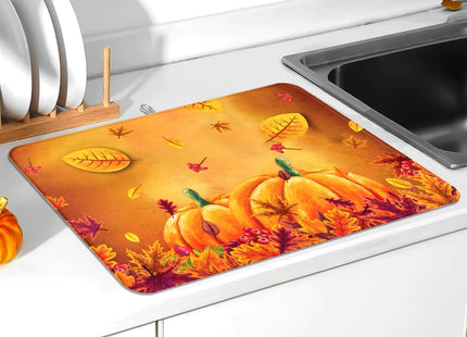 Fall Dish Drying Mat, Harvest Pumpkin Maple Leaf Kitchen Pad 18x24 Inch