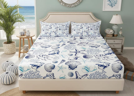 Homewish Coastal Sheet Set Twin Size,Beach Seashell Starfish Coral Bedding Set 3Pcs,Sea Ocean Theme Bed Sheet for Kids Teens Adult Bedroom Decor,Navy Sketch Nautical Fitted + Flat Sheet,1 Pillowcase