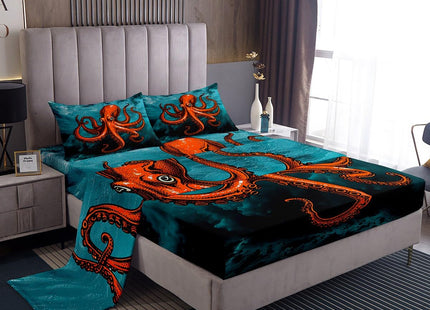 Octopus Ocean Bed Sheet Set 4 Piece,Red Marine Life Mystery Undersea World Blue,Quality Brushed Microfiber Bedding Set with Flat,Fitted Sheet,2 Pillow Cases,Full