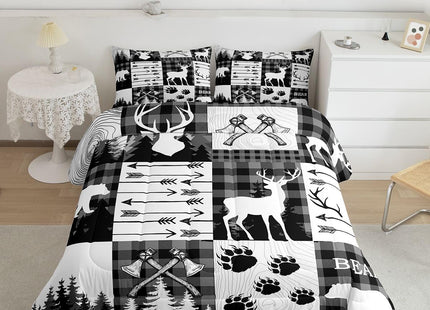 Erosebridal Rustic Patchwork King Comforter Set for Boys,Black White Grey Plaid Animal Kids Comforter Hunting Bear Deer Quilt Set for Teen Men,Country Farmhouse Lodge Wildlife Bed Set 2 Pillow Cases