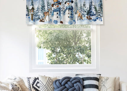 Evlaschin Blue Snowman Window Valance, Winter Trees Deer Fox Short Kitchen Valances Drapes, Xmas Snowflake Seasonal Rod Pocket Curtain Valance for Bathroom Dining Room, 54x18Inch, 1 Panel