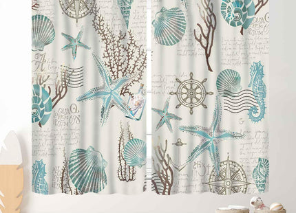 Nautcial Starifish Window Curtains, Beach Theme Coastal Seashell Starfish Blue Coral Rod Pocket Drapes for Bedroom Living Room Kids Room Bathroom Kitchen Window Treatments 2 Panel Sets, 42"x45" Inch