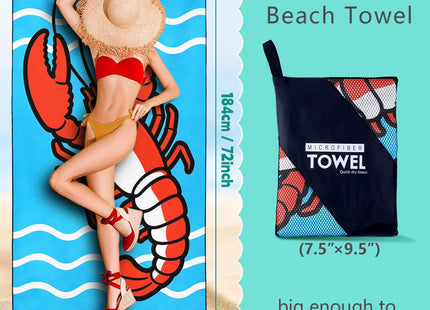 XSMEI Lobster Beach Towel Oversized 36" x 72", Sea Wave Animal Print, Sand Free Quick Dry Towels for Swimming Camping Sports Travel, Thin Lightweight and Compact, Blue