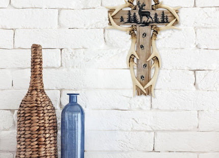 AMAJY Rustic Woodland Deer Antler Wall Hanging Cross