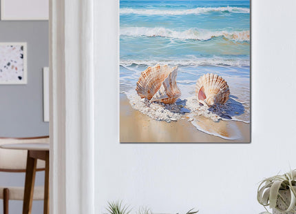 daktenn Beach Picture Decor Ocean Painting Canvas Wall Art Prints of Seashell on Sandy Seaside Coastal Seashell Conch Wall Art for Living Room Wall Decor Bathroom Wall Art 12"x16"