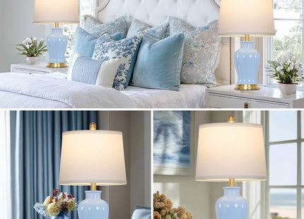 23" Modern Blue Ceramic Table Lamps Set of 2, Coastal Ceramic Lamps for Living Room, Classic Bedside Lamp with Ginger Jar Design, Elegant Bedroom Lamp for Night stand Desk Side End Table Home Decor