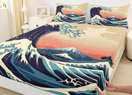 Great Wave Bed Sheets Japanese Ocean Wave Sheet Set, Mount Fuji Bed Sheet with Art Nature Home Decoration for Living Room Bedroom Dorm Decor Bedding Sheets & Pillowcases Japanese Style Top Sheet,Twin