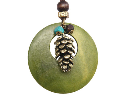 GelConnie Wood Pendant Necklace Bohemian Necklaces Pinecone Vintage Long Necklace Chunky Boho Necklaces for Women