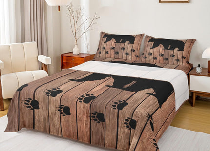 Black Bear Sheet Set Queen,Rustic Brown Farmhouse Wooden Board Bed Sheets Woodland Animal Bedding Sheets For Kids Boys Teens Men,Bear Paws Fitted Sheet + Countryside Flat Sheet + 2 Pillow Cases