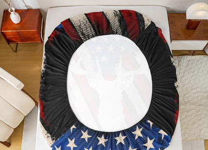 American Flag Retro Sheet Full Size,Deer Antlers Animal Bedding Set,Boys Adults Xmas/Bedroom Decor,Red Blue Stars Striped Rustic Hunting Farmhouse Bed Sheet Set 4pcs(Fitted + Flat + 2 Pillowcases)