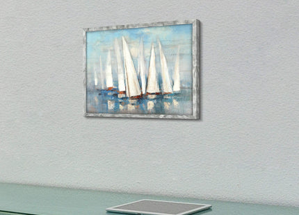Coastal Framed Painting Wall Art: Abstract Ocean Artwork Seascape Picture Sailboat Prints on Wood in Modern Style for Bedroom 32"x24"