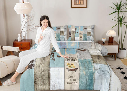 Rustic Farmhouse Bedding Set Cabin Decor, Retro Windmill Decor Comforter Set Western Wooden Barn Door Quilt Sunflower Rooster Farm Animal Bedding Comforter Sets Farmhouse Gifts For Women, Full