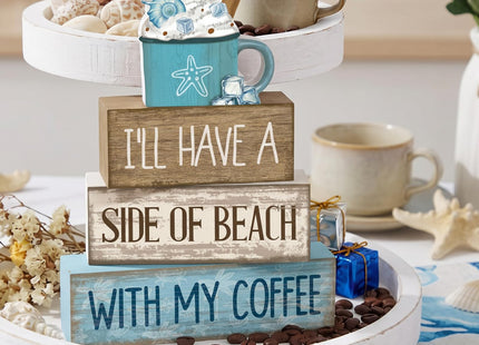 Lineshading 4 Pcs Beach Coastal Wooden Block Signs with Coffee Cup Summer