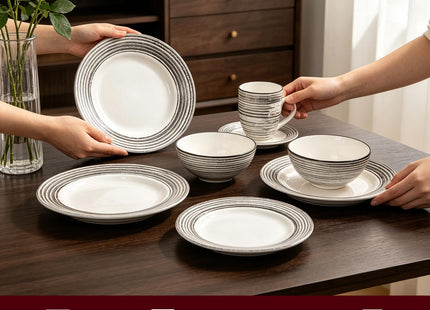 HomeVss 16 Piece Dinnerware Set, Ceramic Plates and Bowls Sets for 4, Microwave and Dishwasher Safe, Handcrafted Tree Bark Series Dish Set, White Birch
