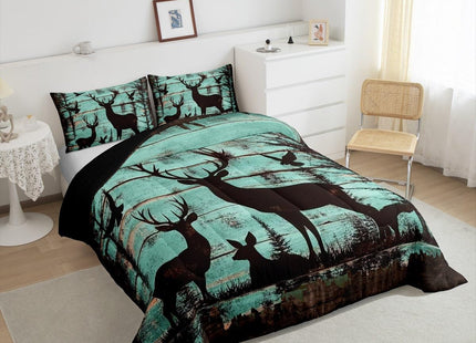 Deer Hunting Comforter Set Full Size,Elk Anlter Hunter Quilt for Men Boys Adults,Farmhouse Camping Home Bedroom Decor Wooden Pine Trees Duvet Insert Woodland Wildlife Silhouette Bedding Set,3Pcs