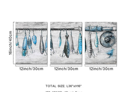 KREATIVE ARTS 3-Piece Vintage Fishing Rod Canvas Wall Art Set 12x16'' Each