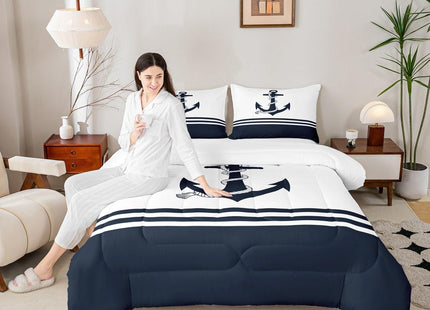 Castle Fairy Nautical Anchor Comforter Set King Size,Ocean Themed Anchor Print Bedding Set All Season Quilt Set,Stripes Geometric Navy White Microfiber Polyester Down Comforter