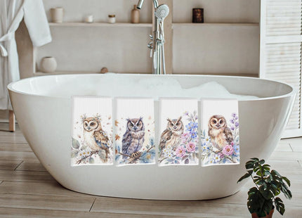 Lovdazzles 4 Pcs Owl Floral Kitchen Towels Decorative Tea Towel