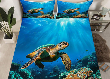 Sea Turtle Fitted Sheet TwinXL, Tortoise Print Bedding Set, Reptile Sea Animals Wildlife Bed Cover, Ocean Beach Hawaiian Nature Style Underwater World Blue Bed Set, for Kid Boys Girls(No Top Sheet)