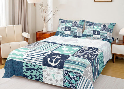Ocean Nautical Sheet Sets Twin Size,Navy Blue Patchwork Plaid Stripes Bedding Set for Kids Teens Boys Bedroom Decor Anchor Rudder Print Bed Sheet Whale Octopus Sealife Fitted + Flat Sheet 3pcs