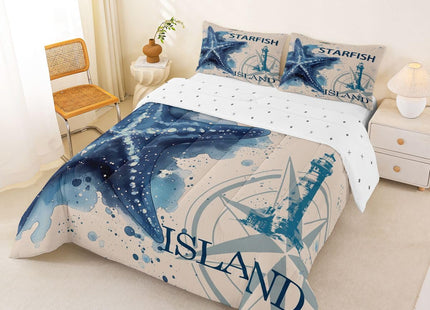 Feelyou Kids Starfish Beach Comforter Set Coastal Beach Ocean Bedding Set for Boys Teens Decor Teal Blue Comforter Ocean Marine Duvet Set Bedroom 3Pcs with 2 Pillow Case King Size