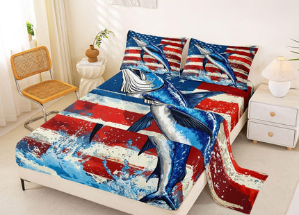 Marlin Swordfish Bed Sheets Boys American Flag Fitted Sheet, Hunting and Fishing Sheet Set for Kids Teens Adult Bedroom Marine Life Ocean Animal Top Sheet with 1 Pillow Case, Blue Red, Twin