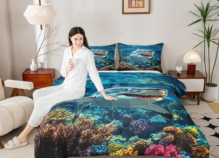 jejeloiu Ocean Sea Animal Duvet Quilt Queen Size Shark Comforter for Kids Boys Girls Decor Marine Theme Bedding Set Breathable Soft Lightweight Microfiber Bedroom Decor Quilt Set