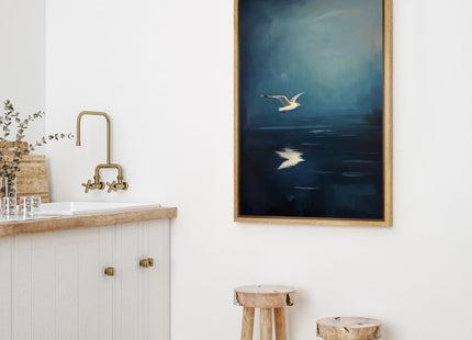 wall26 Framed Canvas Print Wall Art Seagull Over Water Blue Ocean Reflection Coastal Style Bird Illustrations Modern Art Decorative Zen Rustic Calm for Living Room, Bedroom, Office - 24"x36" Natural