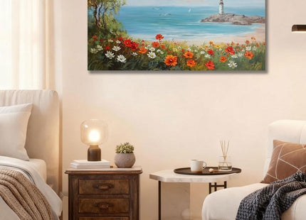 Ardemy Lighthouse Framed Canvas Wall Art for Living Room Blue Ocean Painting Seascape Landscape Coastal Picture Textured Bedroom Artwork Home Office Wall Decor, Large 48"x24"