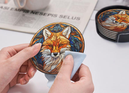 Fox Drink Coaster Set, Leather Coasters with Holder, 6 Pack for Table Protection (Fox)