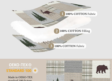 Uniclinens Quilt Set Queen Size, Cotton Quilted Quilt Bedding Set Bedspread, Bear Tree Elk Farmhouse Rustic Quilt, Patchwork Plaid Comforter Set, 3 Pieces Set with 2 Pillowshams, Brown/Grey/Green